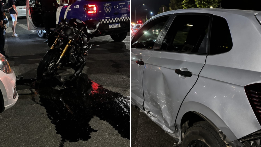 Motociclista é arremessado após bater em carro em cruzamento de avenida em São Roque