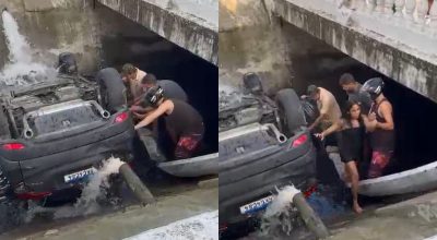 Carro cai no Canal 2 em Santos: moradores resgatam casal