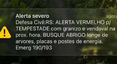 Defesa Civil emite aviso por celular para temporais com granizo e ventania nas próximas horas em Porto Alegre