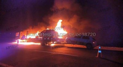 Guincho de concessionária pega fogo durante transporte de carros em rodovia de Tatuí