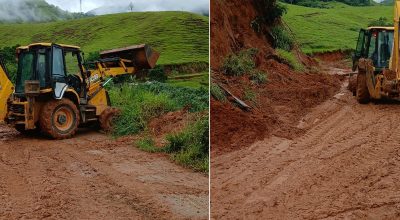 Queda de barreira interdita RJ-202 em Cambuci após chuva forte