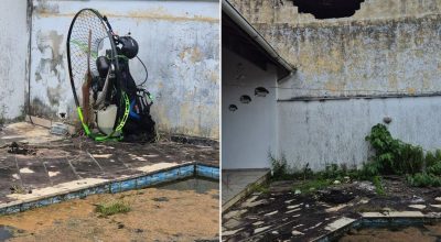 Vídeo mostra piloto de paramotor caindo em quintal de casa após pane